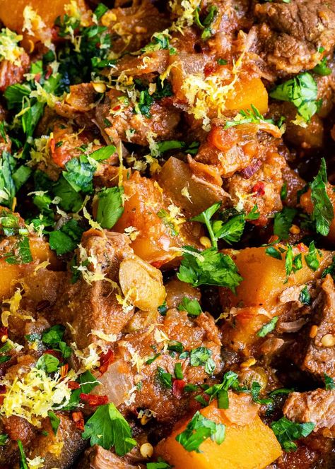 This Slow Cooker Lamb Stew is pure comfort food. Tender lamb cooked with vegetables, capers and olives - a perfect one-pot lamb stew recipe. #slowcooker #lambstew Diced Lamb Recipes Slow Cooker, Diced Lamb Recipes, Slow Cooker Lamb Roast, Lamb Casserole Recipes, Dinner Soup Recipes, Slow Cooker Stew Recipes, Roast Dinner Recipes, Lamb Casserole, Grilled Dinner Recipes