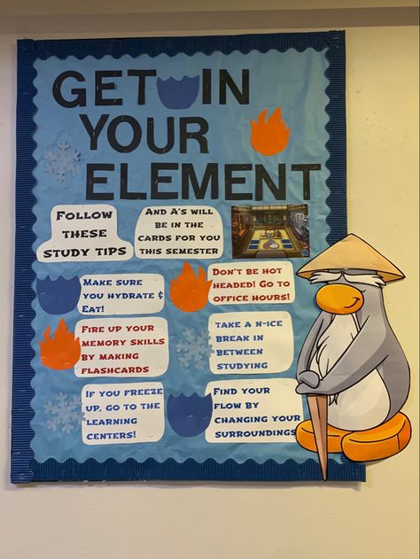 College Notice Board Ideas, Club Penguin Ra Bulletin Board, Ra Study Tips Bulletin Board, Club Penguin Bulletin Board, Club Penguin Door Decs, Bulletin Board Ideas Ra College, Club Penguin Ra Board, Club Penguin Decoration, Christmas Theme Bulletin Boards