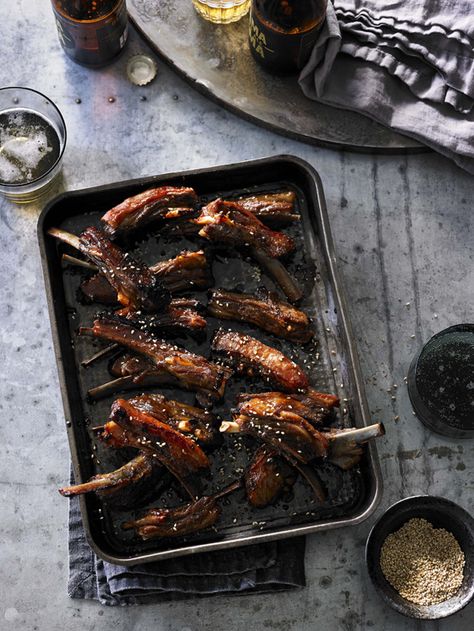 Sticky hoisin and sesame lamb ribs recipe | Australian Lamb - Recipes, Cooking Tips and More Lamb Ribs Recipe Ovens, Smoked Lamb Ribs, Ottolenghi Lamb Recipes, Lamb Spare Ribs Recipe, Australian Lamb Recipes, Spicy Cumin Lamb Noodles, Lamb Ribs, Lamb Recipes, Rib Recipes