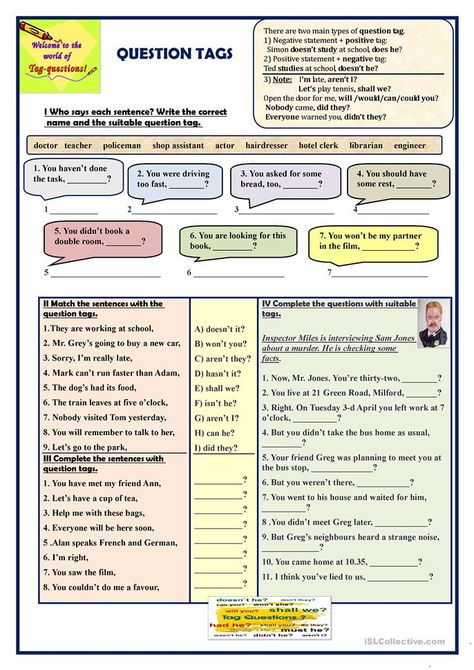 Question tags - English ESL Worksheets for distance learning and physical classrooms Question Tag, Homophones Worksheets, English Grammar Test, Tenses Grammar, Esl English, Grammar English, Esl Teaching Resources, 6th Form, High School Activities