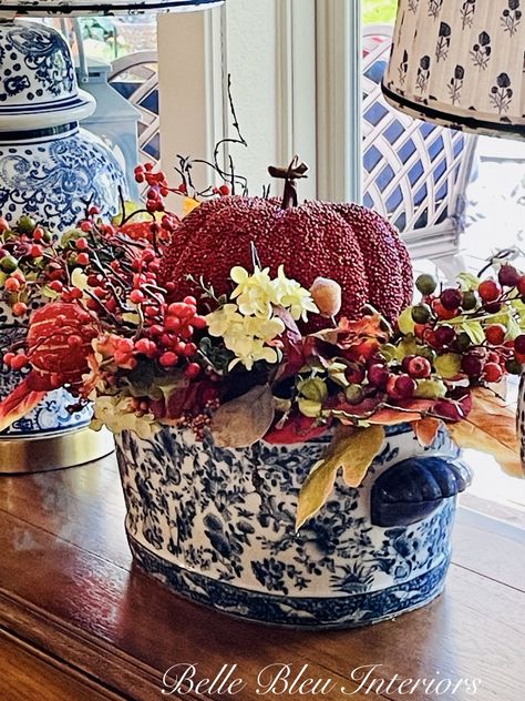 Fall Living Room Tour Blue And Orange Fall Decor, Christmas Bowls, Thanksgiving Display, Orange Fall Decor, Fall Displays, Blue Fall Decor, Chinoiserie Planter, Williamsburg Christmas, Tabletop Design