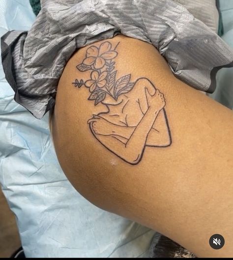 Cute Side Thigh Tattoos, Water Yourself Tattoo, Female Silhouette Tattoo, Afro Tattoo Ideas, Tat Placement, Chest Neck Tattoo, Leg Patchwork, Earthy Tattoos, Empowering Tattoos