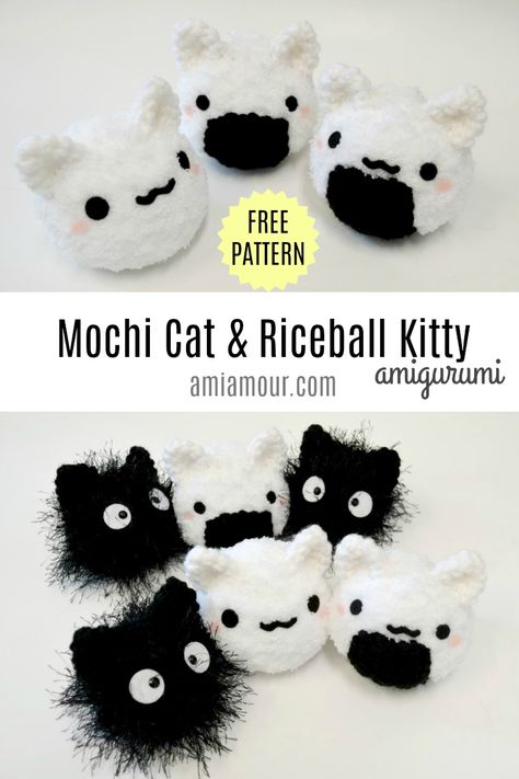 Crochet a  purrfectly delicious Mochi Cat amigurumi along with its pal Riceball Kitty!    #freecrochetpatterns #amigurumifood #amigurumicat #amigurumipattern #amigurumi Mochi Crochet Pattern Free, Japanese Crochet Patterns Free, Mochi Cat Crochet, Kawaii Amigurumi Free Pattern, Quick Free Crochet Patterns, Quick Amigurumi Pattern Free, Mochi Crochet, Crochet Mochi, Black Cat Amigurumi