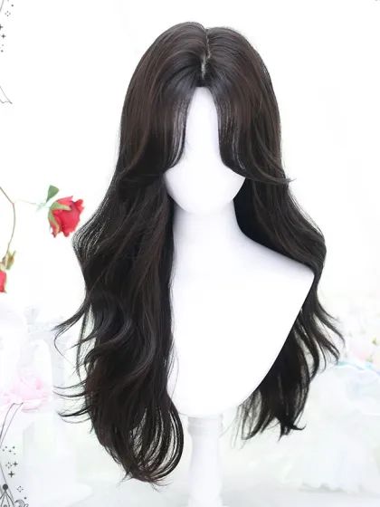 Black-brown Wavy Synthetic Wig with Curtain Bangs Ponytail Wig With Bangs, Black Hair Claim, Wig With Curtain Bangs, Dr Claims, Hair Without Bangs, Hair Stages, Pretty Hair Cuts, Double Ponytail, Fashion Wigs