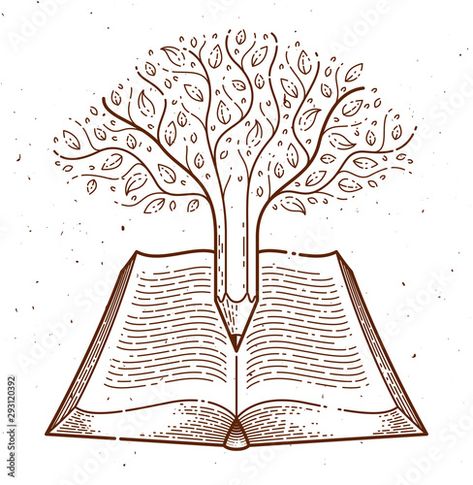 Stock Image: Tree combined with pencil over open vintage book education or science knowledge concept, educational or scientific literature library vector logo or emblem. Library Logo, Science Knowledge, Tree Growing, Book Logo, Vintage Library, Tree Logos, Architecture Design Concept, Symbol Logo, Branding Design Logo