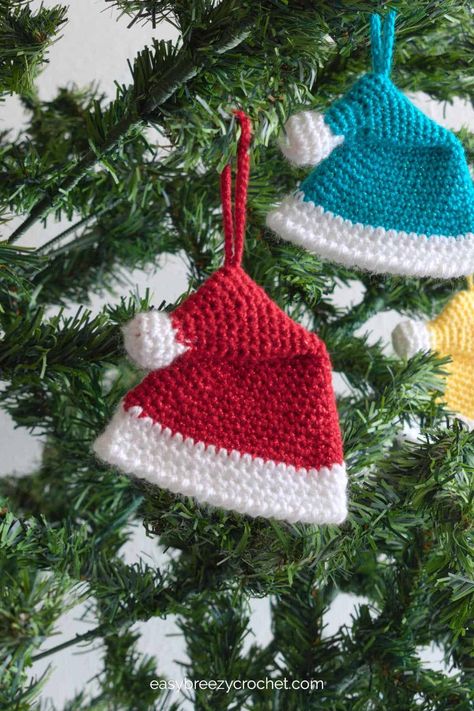 Crochet Santa Hat Ornament | Easy Breezy Crochet Beanie Ornament, Star Garland Christmas, Crochet Santa Hat, Hat Ornament, Crochet Christmas Stocking, Crochet Santa, Crochet Ornaments, Adorable Crochet, Crochet Christmas Ornaments