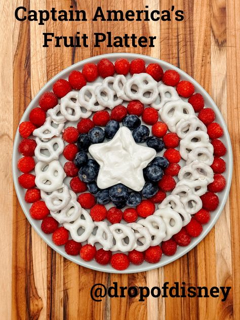 Captain America Fruit Shield, Captain America Fruit Tray, Blueberries And Yogurt, Halloween Veggie Tray, Fruit Platter Ideas Party, Yogurt Covered Pretzels, Sweet Whipped Cream, Marvel Party, Platter Ideas