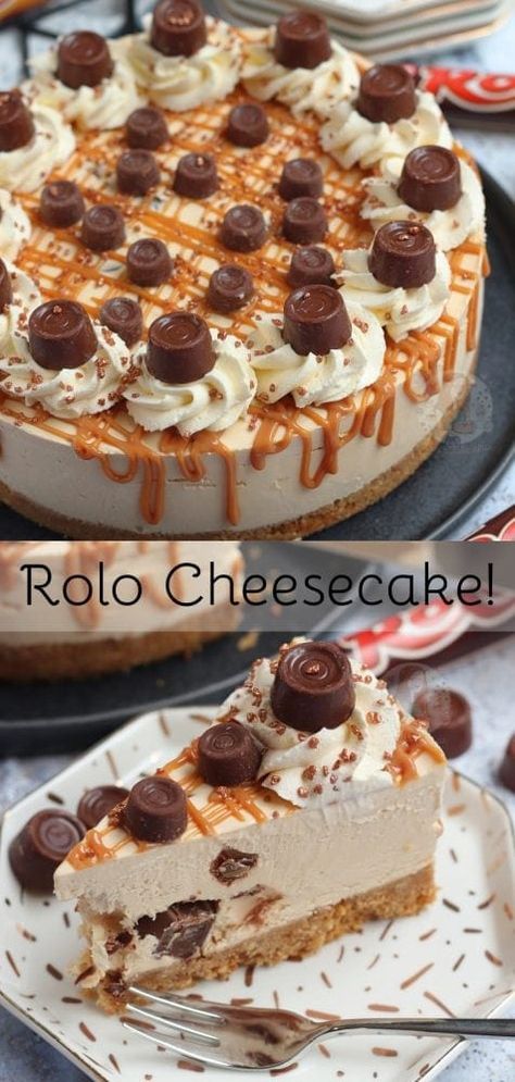 Rolo Pie Recipe, Chocolate And Caramel Cheesecake, Cheesecake Recipes Birthday, Rolo Cake Birthday, No Bake Rolo Cheesecake, Rolo Cheesecake Recipes, None Bake Cheesecake, Cheesecake Ideas No Bake, Christmas Cheesecake Recipes No Bake