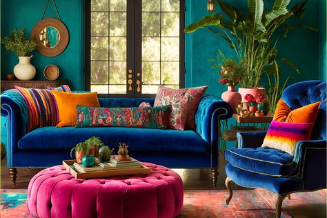 Bohemian Couches Living Room, Blue Velvet Sofa Living Room Maximalist, Living Room Designs Quirky, Pink And Blue Boho Living Room, Pop Colour Living Room, Blue Sofa Colorful Living Room, Blue Couch Living Room Maximalist, Bright Velvet Sofa, Maximalist Blue Living Room