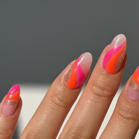 Colour Swirl Nails, Thailand Nails Designs, Colourful Swirl Nails, Thailand Nails Bangkok, Thailand Nails, Orange Nail Swirls, Pink And Orange Abstract Nails, Vibrant Nails, Nail Art Brushes