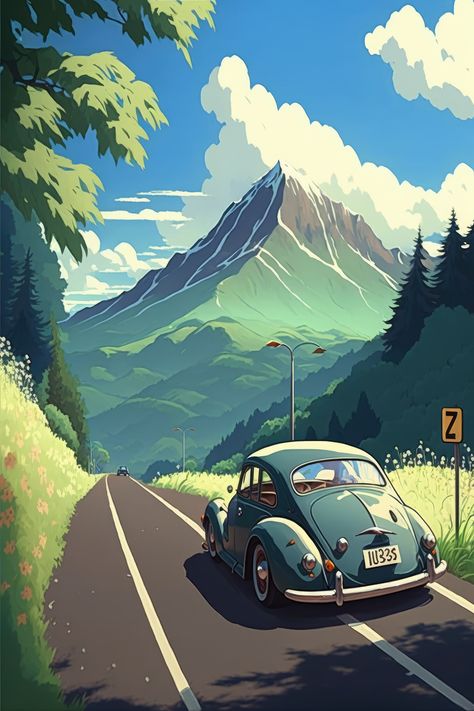 This digital art captures the serene beauty of an old car driving in the beautiful mountain in a Japanese manga anime style. Perfect for decorating your wall in your home or office Car Driving Illustration, Old Car Illustration, Car Driving Drawing, Old Car Paintings, Cute Car Illustration, Car In Nature, Old Car Drawing, Car Illustration Art, Retro Car Illustration