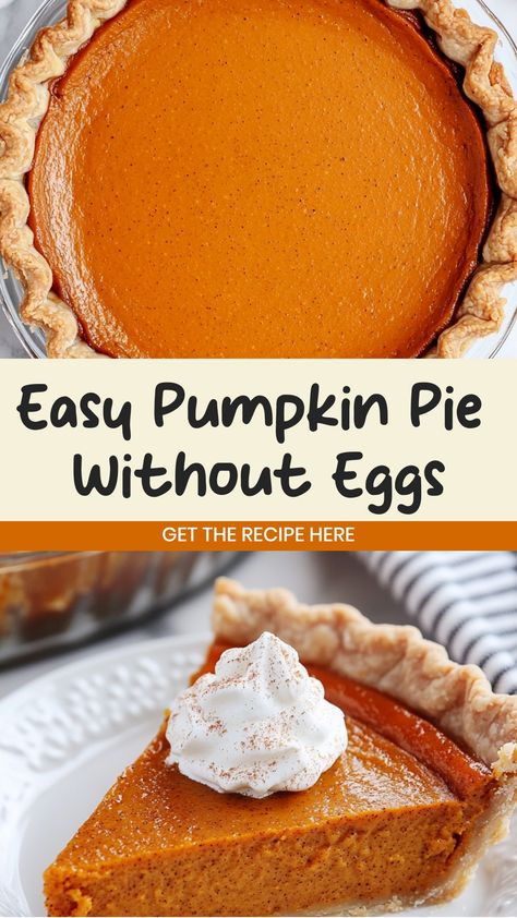 Looking for a delicious pumpkin pie recipe without eggs? You've come to the right place! This vegan-friendly dessert is easy to make and perfect for holiday gatherings. With a buttery crust and silky smooth filling, this eggless pumpkin pie will surely impress your guests. Serve it with a dollop of whipped cream or a scoop of vanilla ice cream for the ultimate treat. Get ready to indulge in all the flavors of fall with this must-try recipe! Pumpkin Pie Recipe Eggless, Pumpkin Pie Egg Free, Eggless Pumpkin Pie Filling, No Egg Pumpkin Pie, Whipped Pumpkin Pie Recipe, Desserts With No Egg, Pumpkin Pie Recipe Without Eggs, Egg Free Pumpkin Pie, Dairy Free Pumpkin Dessert