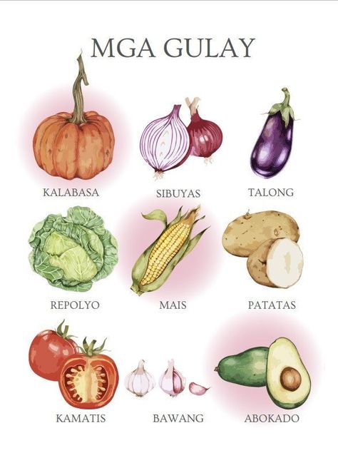 Teach your kids (or adults alike) some Tagalog! This educational chart is a must for anyone wanting to learn the language of The Philippines. Gulay (Vegetables) are everyday words Filipinos use, so why not learn some of them! Tagalog Learning, Learning Tagalog, Learn Tagalog, Filipino Language, Pi Art, Educational Chart, Tagalog Words, Filipino Words, Fruit Names