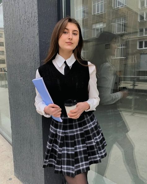 Follow for more Necktie Outfit, Outfit Soft Girl, Formal Clothing, School Uniform Fashion, Shirt And Tie, Girls Vest, Uniform Fashion, School Uniforms, School Time