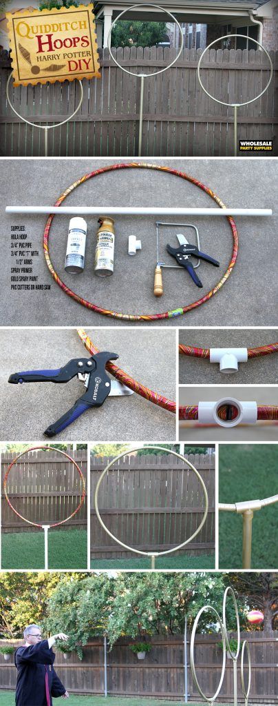 DIY Quidditch Goals | Party Ideas & Activities by Wholesale Party Supplies Quidditch Hoops Diy, Diy Quidditch Goals, Quidditch Decorations, Quidditch Diy, Diy Quidditch, Hp Potions, Harry Potter Motto Party, Harry Potter Weihnachten, Party Harry Potter