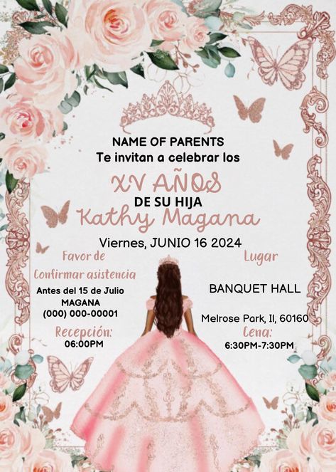 Pink Quinceañera Invitation - Pink 15th Birthday flowers butterflies Editable Invite Template, My Quince Years Flower Quince Invitations, Quince Invitations Template, Pink Quince Invitations, Planning 2025, Butterfly Quince, Invitations Quinceanera, Quinceanera Pink, Quinceañera Invitation, Pink Quince