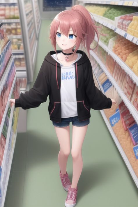 A picture in anime style. You can see a young adult woman walking happily through the supermarket. Anime Supermarket, Shopping In Supermarket, Grocery Store, Walking, Anime, Quick Saves