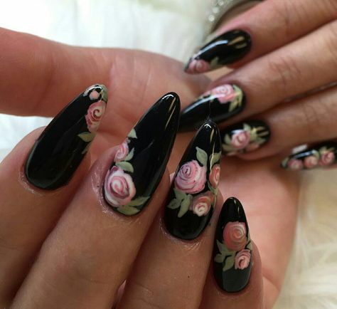 Black with Flowers Black Nails With Pink, Nails With Pink, Nails With Flowers, Pink Flower Design, Fall Nail Ideas, Goth Nails, Really Cute Nails, Rose Nails, Flowers Black