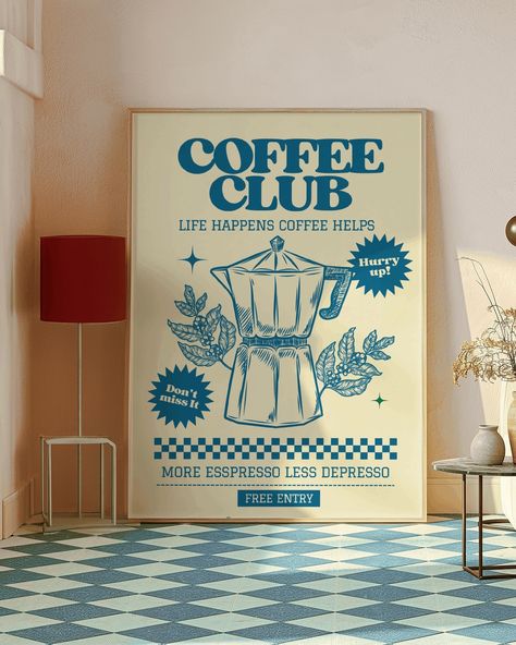 Retro style, coffee club poster, available to shop through the link in bio 👆 #retrohome#wallart#kitchendecor Poster For Kitchen, More Espresso Less, Texture Paintings, Posters Uk, Retro Diner, Club Poster, Coffee Club, Coffee Poster, Coffee Corner