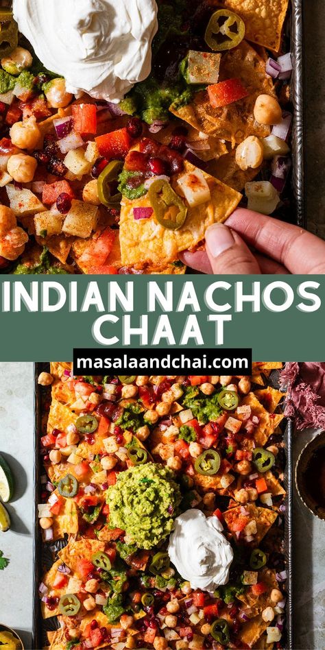 Spice up your Cinco de Mayo celebration with our Indian Nachos Chaat – a delightful fusion of Indian and Mexican flavors! These cheesy nachos are loaded with classic Mexican nachos toppings like guacamole and sour cream and then layered with elements of Indian chaat like chickpeas, potatoes, and chutneys, making them perfect for game day snacks or entertaining. Mexican Fusion Food, Nachos Toppings, Mexican Fusion, Indian Chaat, Tomato Snacks, Cheesy Nachos, Samosa Chaat, Cinco De Mayo Celebration, Indian Appetizers