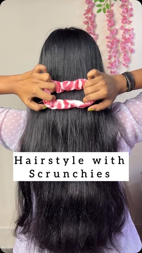 Nisha Ghosh | content creator | Try this ponytail hairstyle with scrunchies ❤️ . . . . #hair #hairstylist #hairstyle #hairideas #ponytail #reels #reelitfeelit | Instagram Hair Styles Without Hair Ties, One Hair Tie Hairstyles Simple, Hairstyles With Scrunchies, Scrunchies Hairstyle, Scrunchies Hairstyles, Thicker Hair Naturally, Fun Ponytails, Get Thick, Very Easy Hairstyles