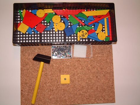 Hammering wooden shapes with nails on cork board. Pediatric Notes, Diy Trays, Life Skills For Children, Teacch Tasks, Montessori Trays, Life Activities, Practical Life Activities, Self Help Skills, Montessori Homeschool