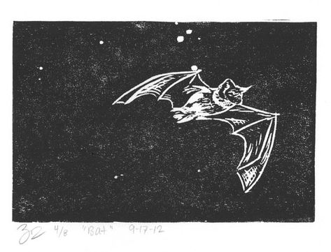 Bat woodcut print by LibrarianArtist on Etsy, $20.00 Bat Lino Print, Linocut Squirrel, Bat Linocut, Lino Printmaking, Bat Aesthetic, Bat Tattoos, Bat Illustration, Unicorn Farts, Bat Art