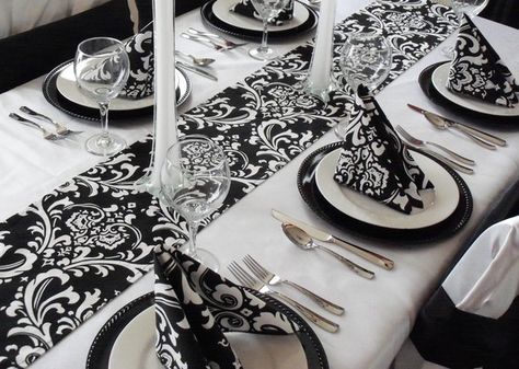 Black Damask Table Runner and Napkins Harlequin Decor, White Table Runner Wedding, White Wedding Table Setting, Napkins Wedding Table, Wedding Luminaries, Anniversary Centerpieces, White Wedding Centerpieces, Damask Decor, White Table Settings