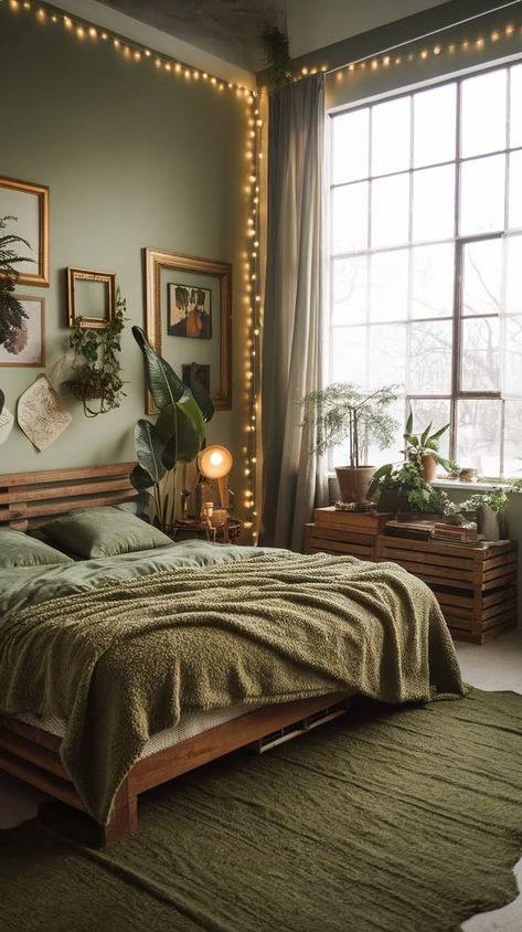 40  Dark Green Bedroom Ideas - Mattress Nut Bedroom Color Ideas With Brown Furniture, Green And Crème Bedroom, Boho Dark Wood Bedroom, Deer Themed Bedroom, Woodsy Themed Bedroom, Aesthetic Room Color Ideas Bedroom, Bold Bedroom Color Scheme, Olive Green Duvet Cover, King Bedroom Ideas Small Spaces