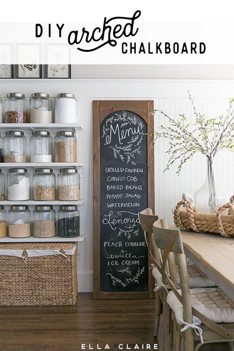 Easy DIY arched menu chalkboard- so cute for Farmhouse vintage kitchen and perfect for weekly meal planning! #chalkart #ideas #fonts #sign #chalkcoard #DIY Kitchen #Farmhouse Diy Farmhouse Kitchen Decor, Wall Trends, Diy Menu, Kitchen Chalkboard, Deco Champetre, Casa Country, Chalkboard Wall, Chalkboard Sign, Cool Ideas