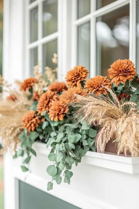 Pinterest-Worthy Fall Window Boxes in 3 Easy Steps Artificial Fall Window Boxes, Halloween Decorations Flowers, Fall Flower Box Arrangements, Fall Window Boxes Mums, Fall Flower Boxes Window, Window Box Fall, Front Yard Fall Decor Ideas, Best Flowers For Window Boxes, Front Yard Fall Decor