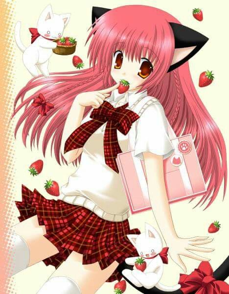 Cute strawberry loving neko Animecore Webcore, 2000s Art, Moe Anime, Old Anime, Anime Cat, Kawaii Art, Pics Art, Cat Girl, Wallpaper Pc