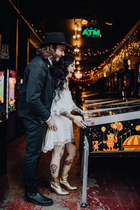 Rockabilly Engagement Photos, Rock N Roll Elopement, Rock N Roll Engagement Photos, Rock And Roll Engagement Photos, Pinball Engagement Photos, Punk Rock Engagement Photos, Alt Couples Photoshoot, Punk Elopement, Pinball Photoshoot