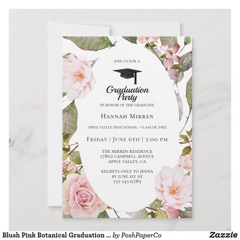 Blush Pink Botanical Graduation Party Invitation Invitation Card Design Green, Pink Graduation Party, Pink Graduation, Blush Pink Flowers, Pink Botanical, Graduation Party Invitation, Girly Style, Congrats Grad, Graduation Party Invitations