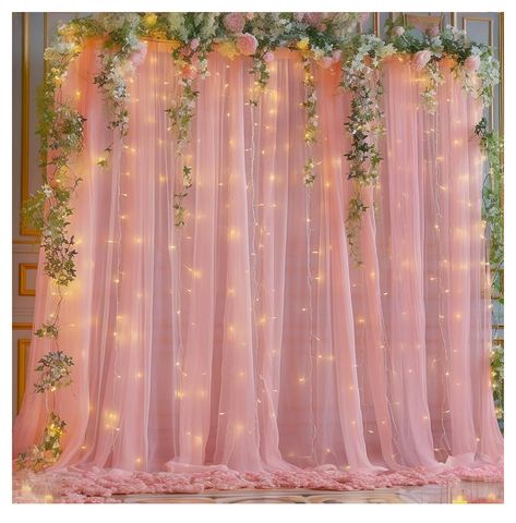 Pink Sweet 16 Backdrop, Princess Photo Backdrop, Curtain With Lights, Fairy Theme Birthday Party, Sheer Backdrop, Quince Planning, Tulle Backdrop, Sweet 16 Party Decorations, Pink Party Theme