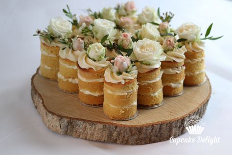 Naked Mini Cakes, Wedding Cakes With Fresh Flowers, Individual Wedding Cakes, Cakes With Flowers, Cake Favors, Mini Wedding Cakes, How To Stack Cakes, Tiny Cakes, Cupcake Cake Designs