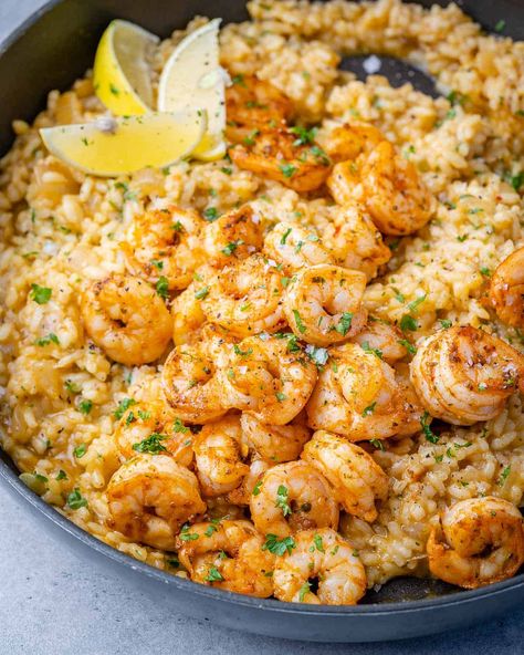 Asiago Shrimp Risotto, Garlic Shrimp Risotto, Shrimp Pilaf Recipe, Cajun Shrimp Risotto, Shrimp Rositto, Oven Baked Risotto Recipes, Risotto Dinner Ideas, Shrimp Risotto Recipes, Scampi Risotto