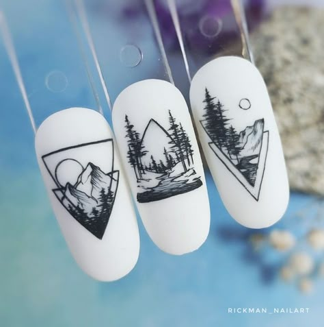 Nail Art Landscape, Mountain Nails Designs, Iceland Nails, Chill Nails, Forest Nail Art, Mountain Nail Art, Mountain Nails, Nail Flower, Black And White Nail Art