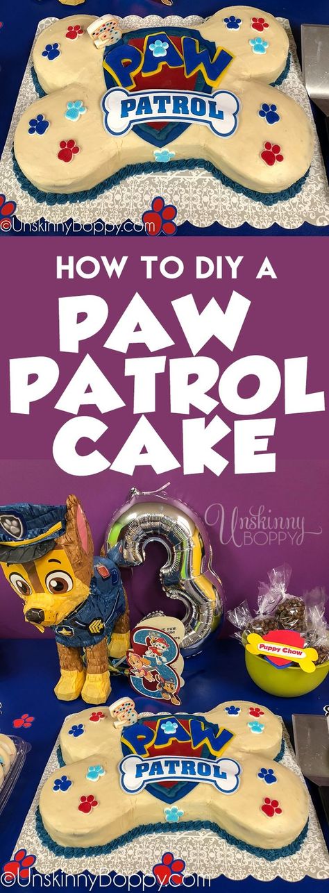 Paw Patrol 3rd birthday party ideas- how to make a bone shaped birthday cake from scratch using boxed cake mixes. Simple and fun cake for puppy theme party. Cake For Puppy, Paw Patrol 3rd Birthday Party, Chase Paw Patrol Cake, Paw Patrol 3rd, Birthday Cake From Scratch, Paw Patrol 3rd Birthday, Paw Patrol Theme Party, Shaped Birthday Cake, Paw Patrol Birthday Cake