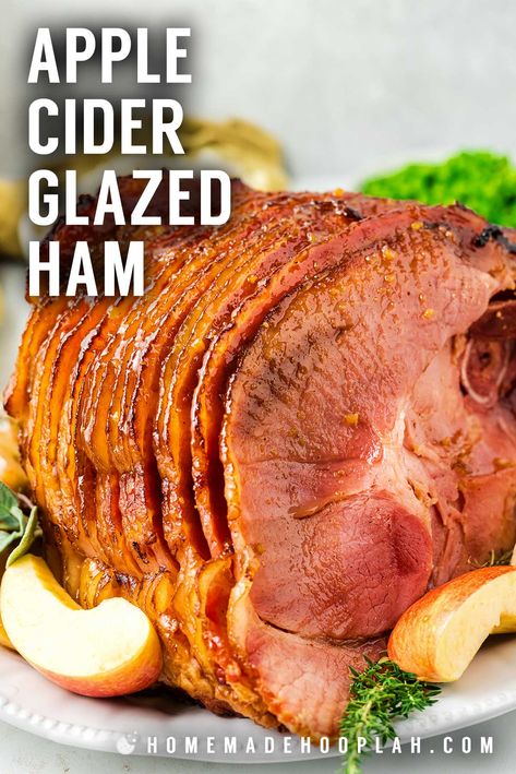 Apple Cider Glazed Ham! With succulent, spiral-cut ham and a rich glaze of apple cider, brown sugar, honey, herbs, and spices, this apple cider glazed ham is an ideal main course. | HomemadeHooplah.com Maple Ham, Orange Glazed Ham, Maple Glazed Ham, Holiday Ham Recipes, Green Bean Casserole Easy, Leftover Ham Recipes, Holiday Ham, Glazed Ham, Ham Glaze