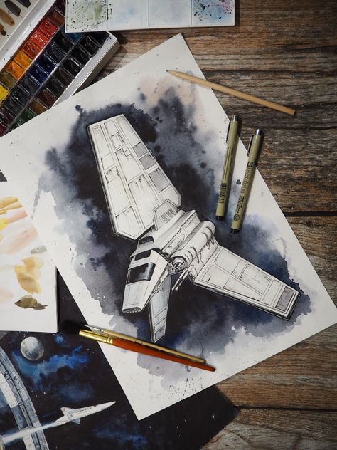 Spaceship Watercolor, Scifi Watercolor, Starwars Watercolor, Imperial Shuttle, Creative Stuff, Water Colour, Spaceship, Sci Fi, Star Wars