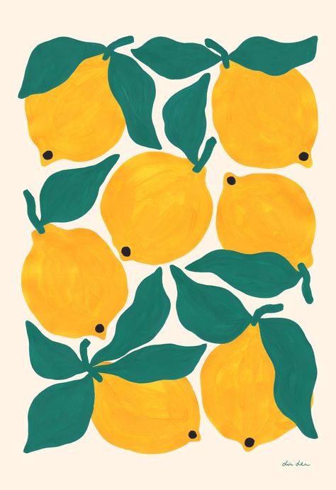 My Lemons print with bright yellow lemons and green leaves, produced as an archival quality, giclée print through @evermade Surreal Art Green, Poster Ideas Painting, Yellow Bright Aesthetic, Lemon Poster Aesthetic, Mustard Green Color Palette, Cute Art For Room, Green Room Prints, Bright Illustration Art, 70s Illustration Vintage Posters