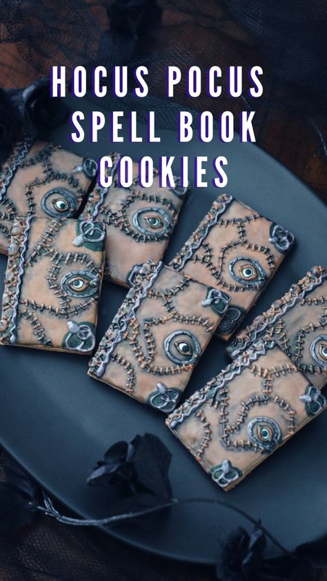 Hocus Pocus Spell Book Cookies Book Sugar Cookies, Spell Cookies, Hocus Pocus Cookies, Book Cookies, Hocus Pocus Spell, Cookies Decorated With Royal Icing, Hocus Pocus Spell Book, Cookies Sugar, Halloween Baking