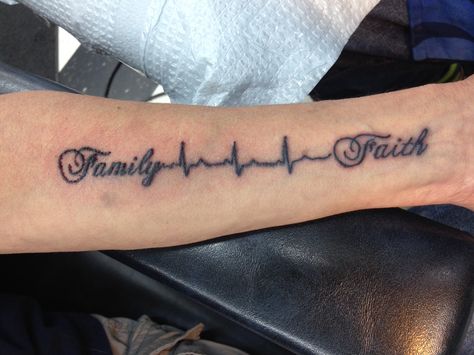 Family, Life, Faith.  My idea, created by Terry at Backwoods Tattoo in Whittsett, NC.  The heartbeat is taken from my EKG sent to me by my Cardiologist, who thought the tattoo was "Cool" and he really "liked it" when I showed it to him. Backwoods Tattoo, Diy Tray, Perfume Tray, My Idea, Family Tattoos, By Terry, Family Life, Jesus Fish Tattoo, Tattoo Quotes