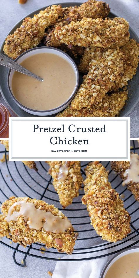 Pretzel Crusted Chicken is crispy, juicy, and packed full of delicious flavor. With only 9 ingredients, it will become your new go to meal. Boneless Chicken Breast Recipe, Pretzel Chicken, Pretzel Crusted Chicken, Honey Mustard Pretzels, Homemade Pancakes Fluffy, Honey Mustard Recipes, Crusted Chicken Recipes, Crusted Chicken Tenders, Yummy Pancake Recipe