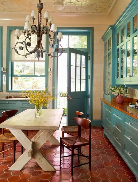 7 Sawyer Berson Teal And Rust Kitchen E1413178132670 110533 1940 House, Bathroom Decor Modern Luxury, Historic Kitchen, Painted Trim, Colored Trim, Picture Frame Molding, Architecture Landscape, Bathroom Decor Ideas, Diy Bathroom Decor