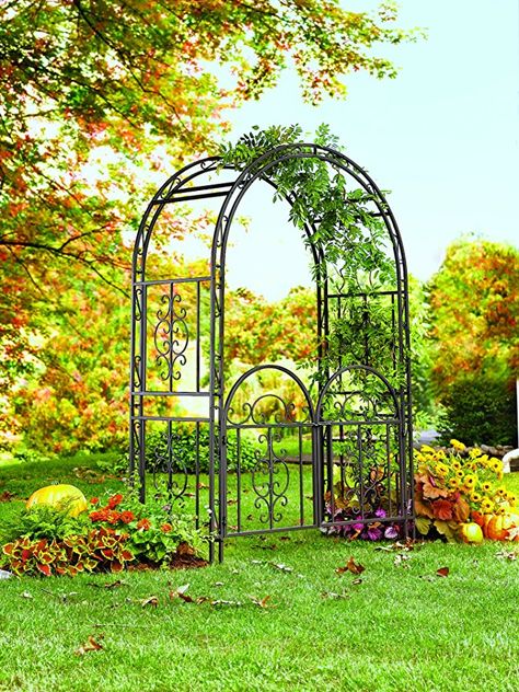 AmazonSmile : Montebello Decorative Garden Arbor Trellis with Gate, Scroll Design, Tubular Iron Structure with 7-Inch Ground Stakes, 53 W x 23 D x 84 H Burnished Bronze Finish : Arbor And Gate : Garden & Outdoor Arbor With Gate, Garden Arbor With Gate, Iron Arbor, Wedding Trellis, Arch Gate, Wrought Iron Garden Gates, Wood Arbor, Iron Garden Gates, Arbors Trellis