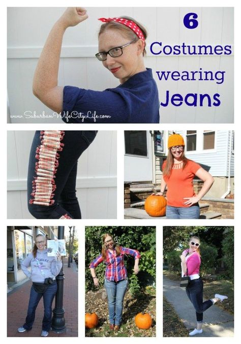 6 Quick Costumes using Jeans and items from your closet #nosewcostume #easycostumes #lastminutecostumes Halloween Costumes Jeans, Costumes With Jeans, Halloween Costumes With Jeans, Costume Jeans, Mom Costumes, Quick Costumes, Easy Halloween Costume, Jeans Ideas, Last Minute Costumes