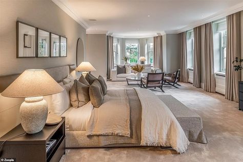 The modern interior includes a main bedroom suite that boasts sash windows and a separate seating area to relax in Main Bedroom Ideas Master Suite, Outdoor Changing Room, Bedroom Seating Area, Classical Interior, Luxury Room Bedroom, Bedroom Seating, En Suite Bathroom, Main Bedroom, Bedroom Suite