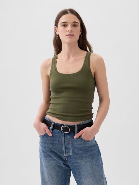 Supersoft cotton-modal blend cropped tank top.  Scoop neck.  Tank straps.  * Fit: Stretch-to-Fit.  Slim & stretchy that forms to your shape.  Cropped, hits at the waist.  Models wearing Gap Green Top Outfit, Summer Tank Top Outfits, Olive Tank Top, Crop Top Aesthetic, Olive Top, Tank Outfit, Tank Top Outfits, Green Tank Top, Top Outfit